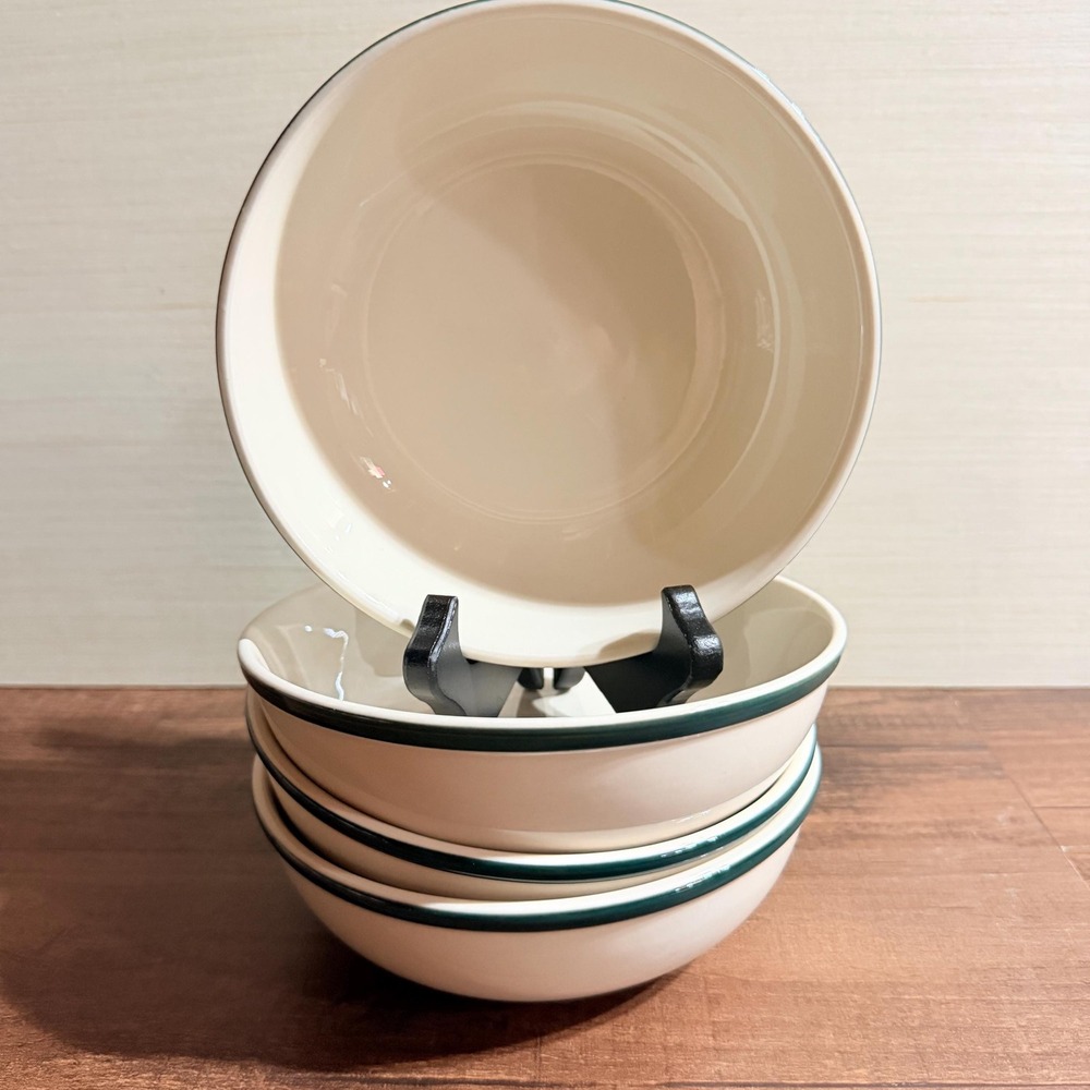 4 VTG Green Rim Stoneware Soup Bowls Coordinates with China Pearl Apple Casuals